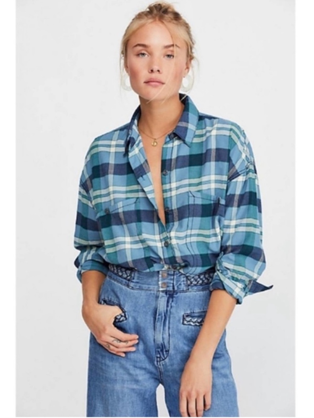 Free People Loveland Plaid Button Up Shirt in Winter Sea Sz XS Boho Rodeo Casual